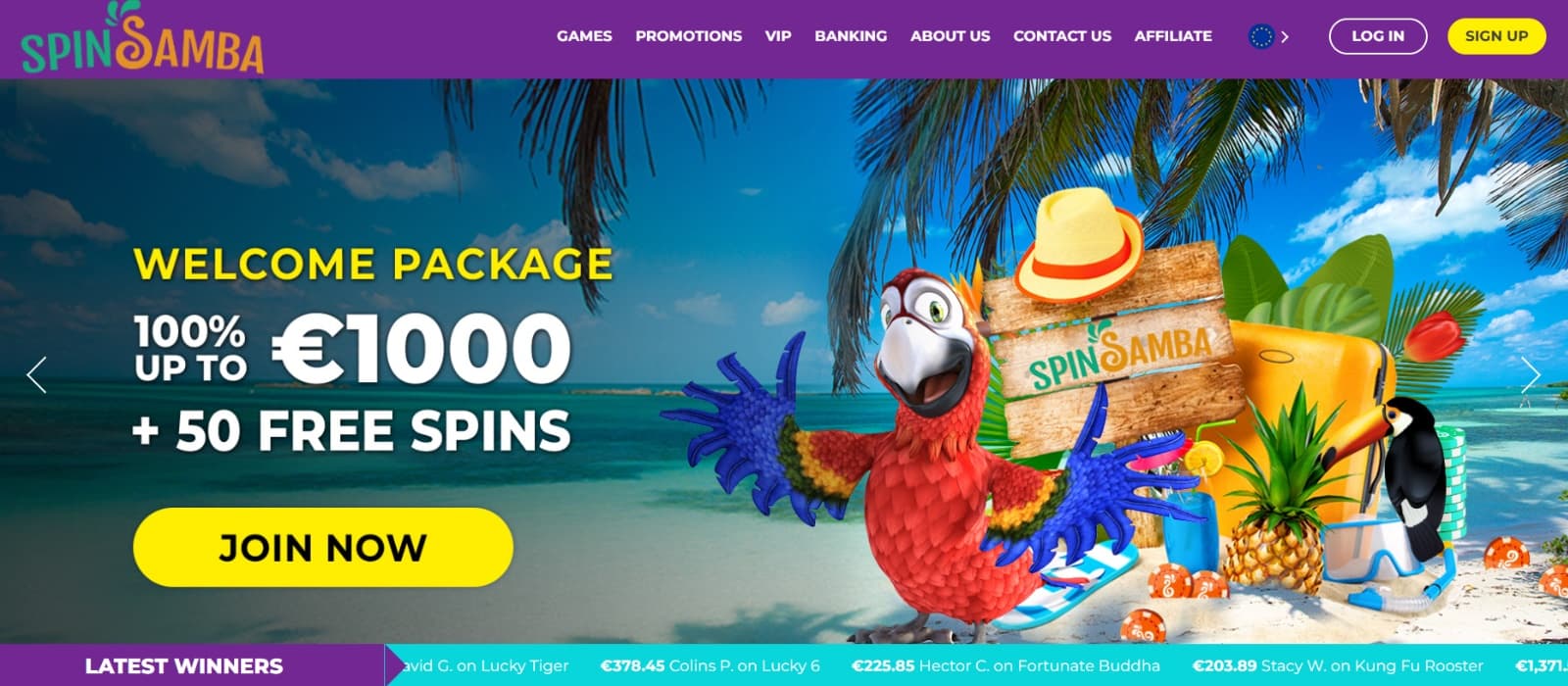Spin Samba Casino landing page with welcome banner featuring tropical beach with Red Parrot and Toucan