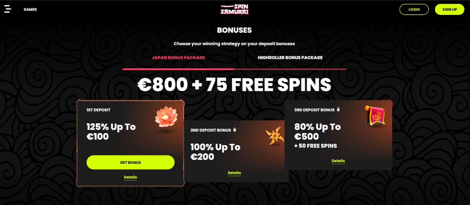 Spin Samurai Casino Bonus page with Japan welcome bonus of 800 eur