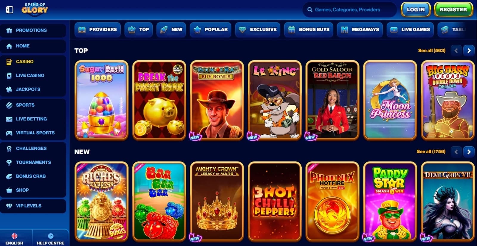 Spins of Glory Casino games page with the various slot games, side navigational panel and game categories at the top
