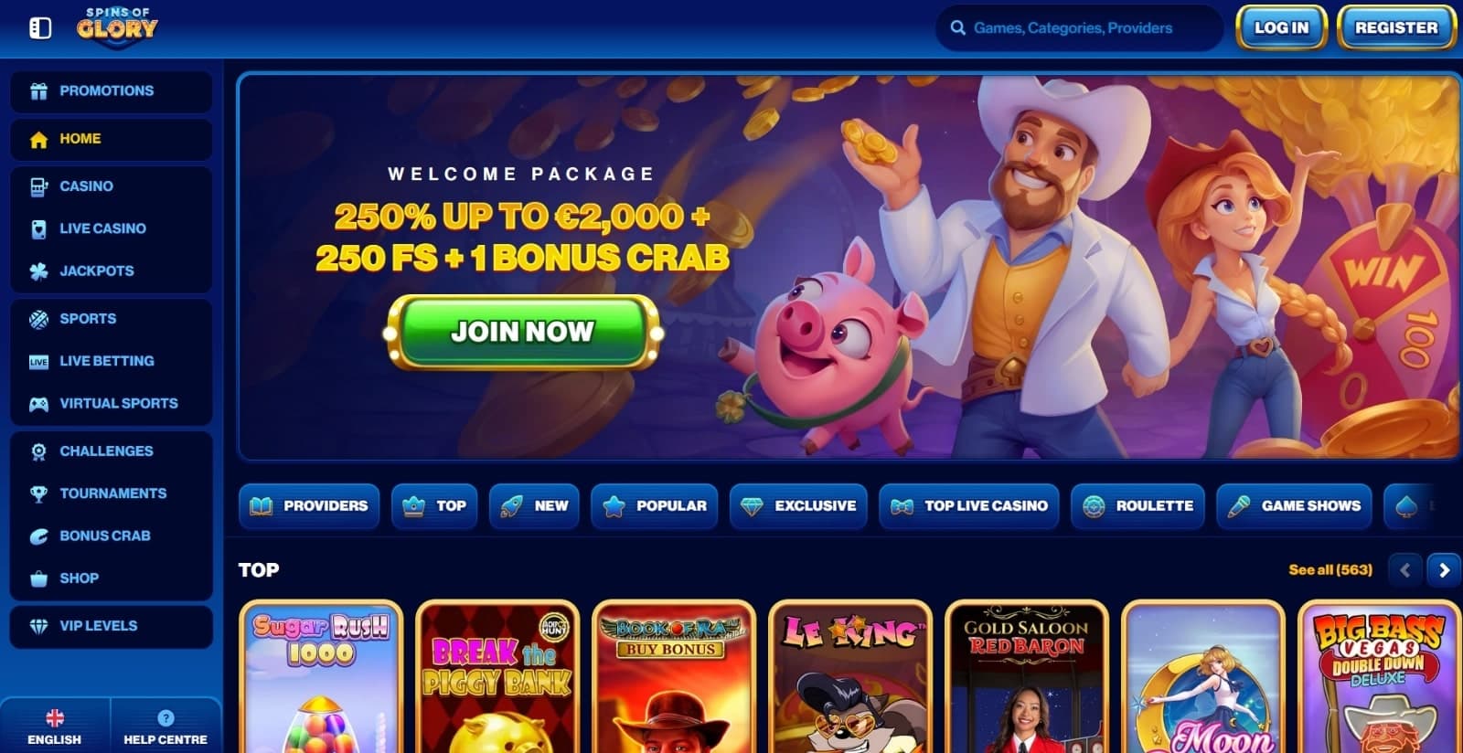 Spins of Glory Casino landing page with the welcome bonus of 2000 euros and 250 free spins, with three characters and game categories below