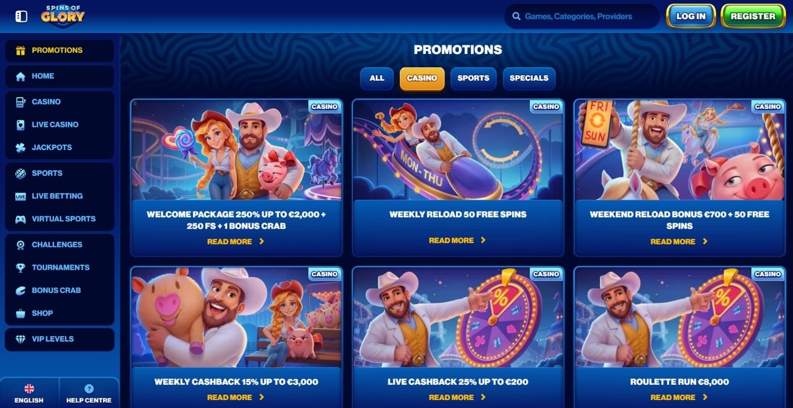 Spins of Glory Casino promotions page with the bonus offers banners showing a man with hat, pigs, and a young girl with the side navigational panel