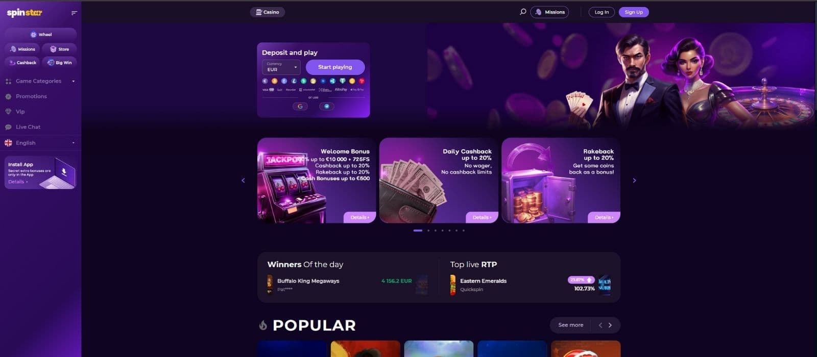 Spinstar.bet landing page showing payment methods, popular casino games and the main menu to the left.