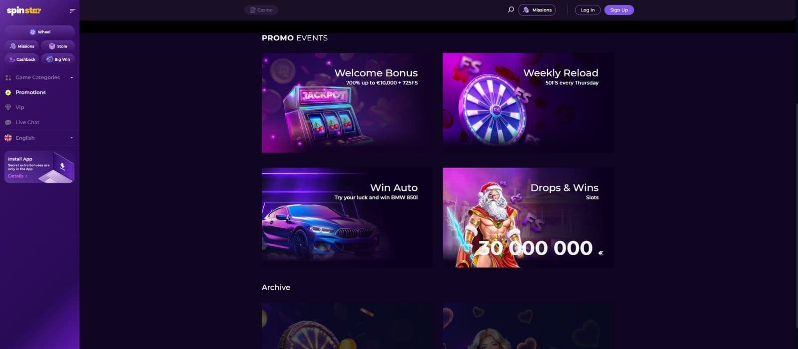 Spinstar.bet promotions page showing the available bonuses and promotions at the casino.
