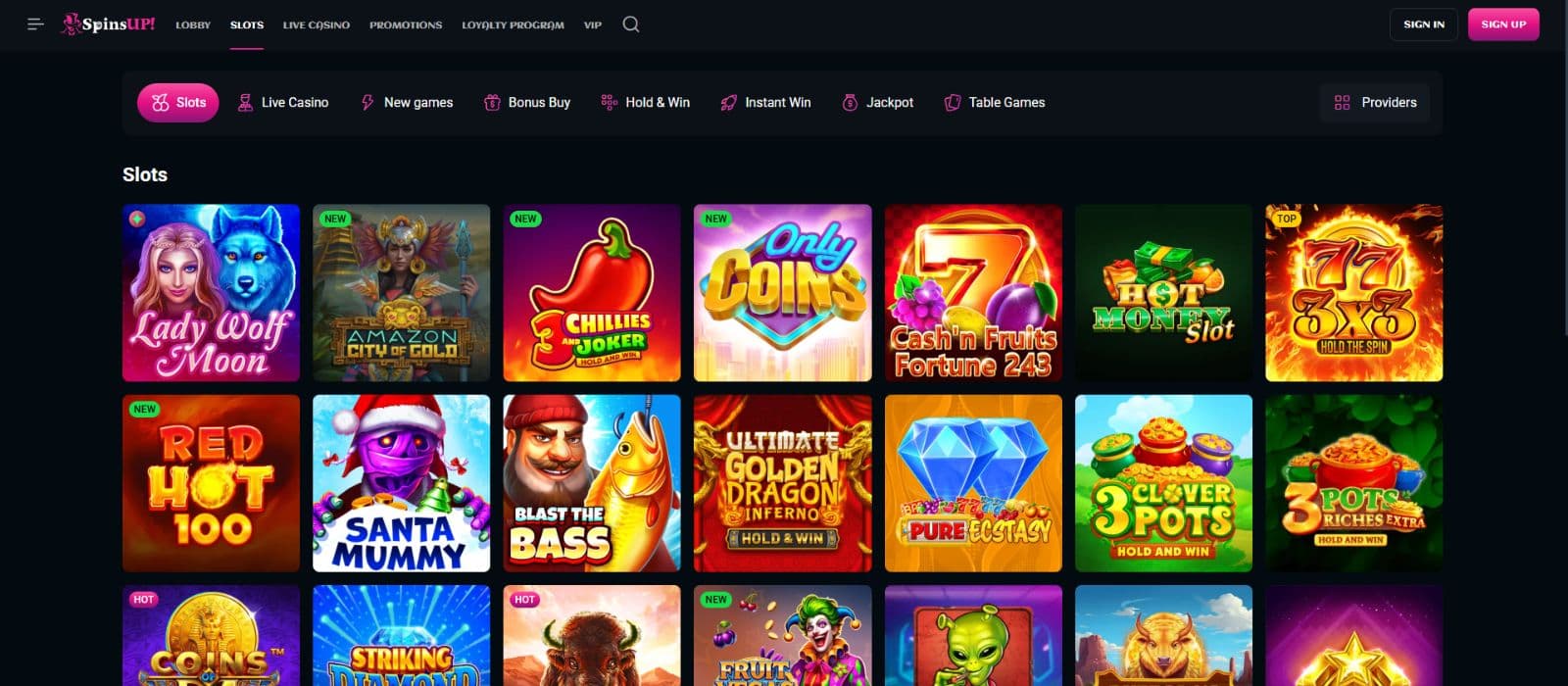 SpinsUP games page showing a selection of slot games and the available game categories