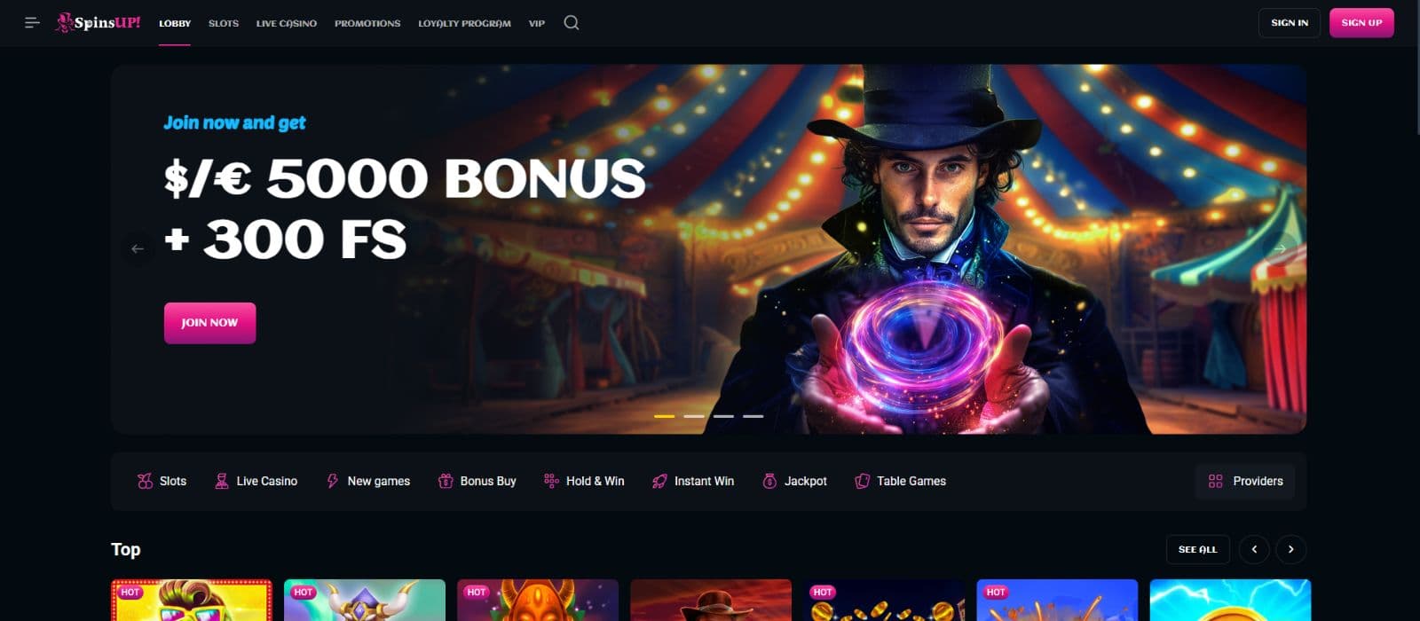 SpinsUP landing page showing the welcome bonus offer and the main menu on top