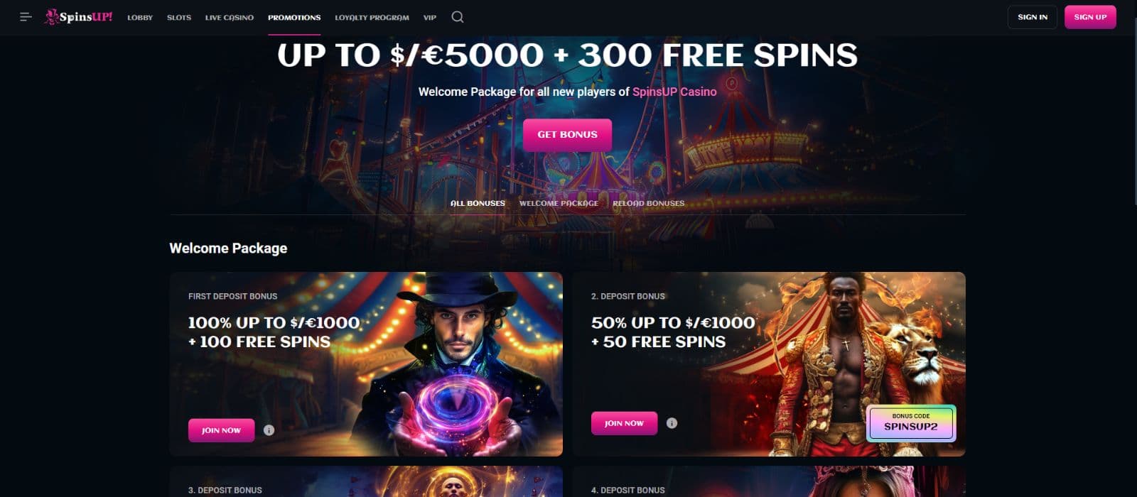 SpinsUP promotions page showing the casino welcome offers and other promotions