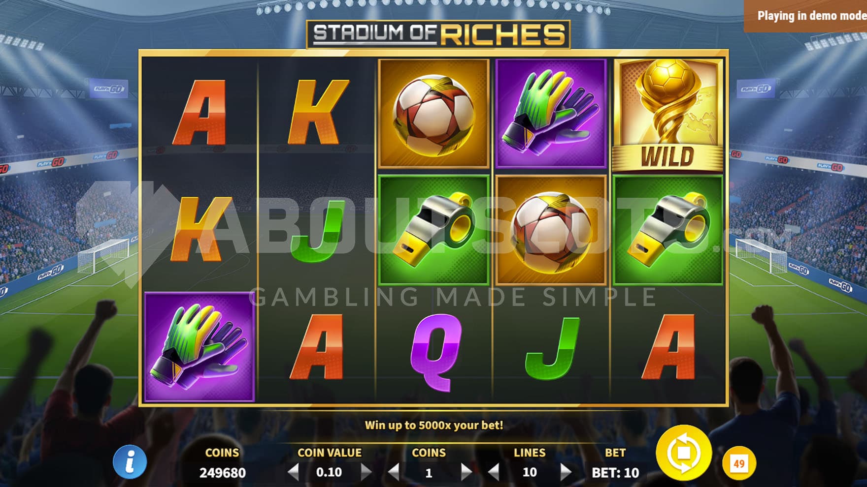 Base Game view of a 5x3 grid on a backdrop of a football stadium.