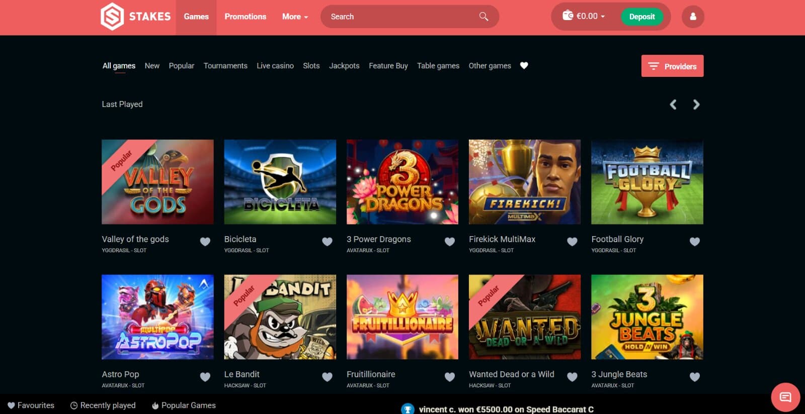 Stakes Casino's games page featuring slot and table games under main sorting tabs and search options