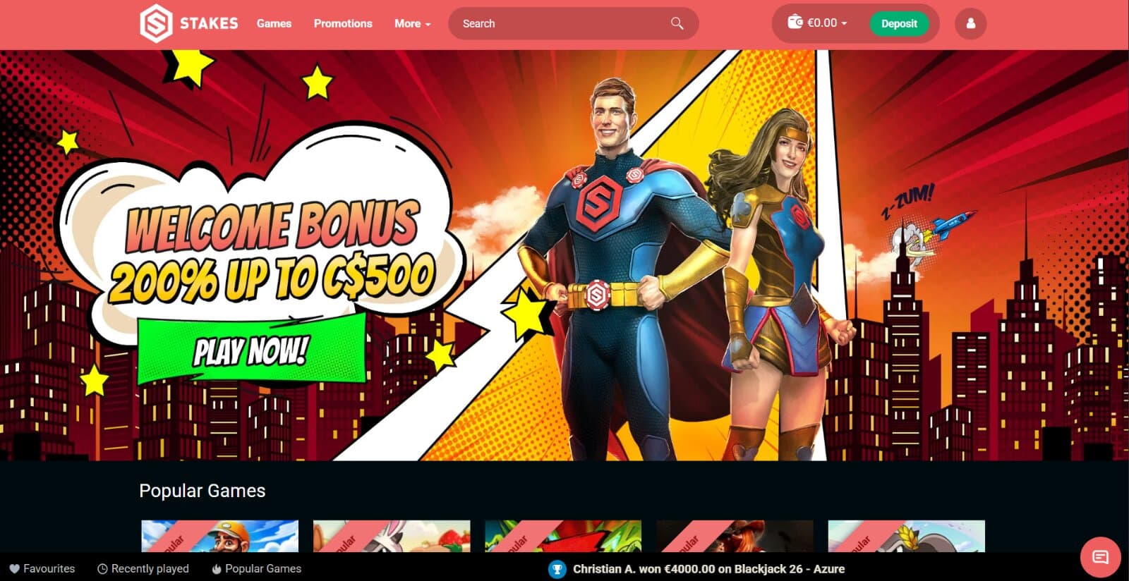 Stakes Casino's landing page featuring the main welcome bonus banner with superhero characters over red cityscape image