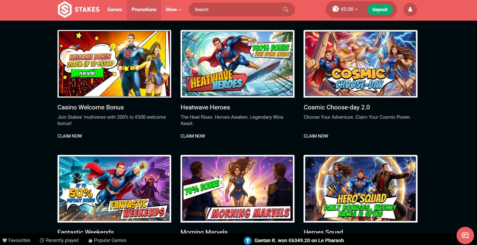 Stakes Casino's promotions page featuring the welcome bonus, daily reload offers, VIP bonuses, and seasonal promotions along with respective superhero images