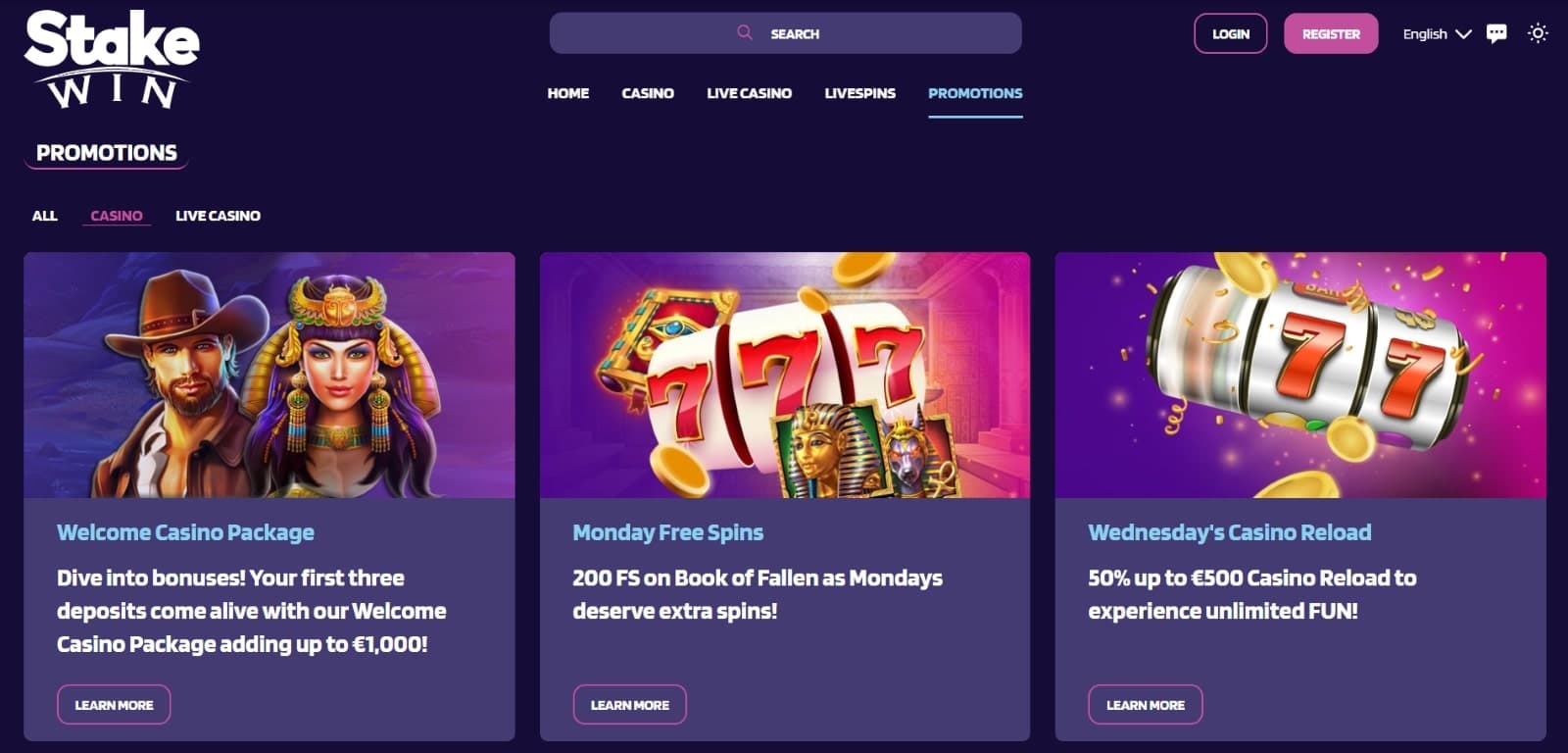 StakeWin.io Casino promotions page featuring the welcome package, monday free spins reload and Wednesday casino reload bonus