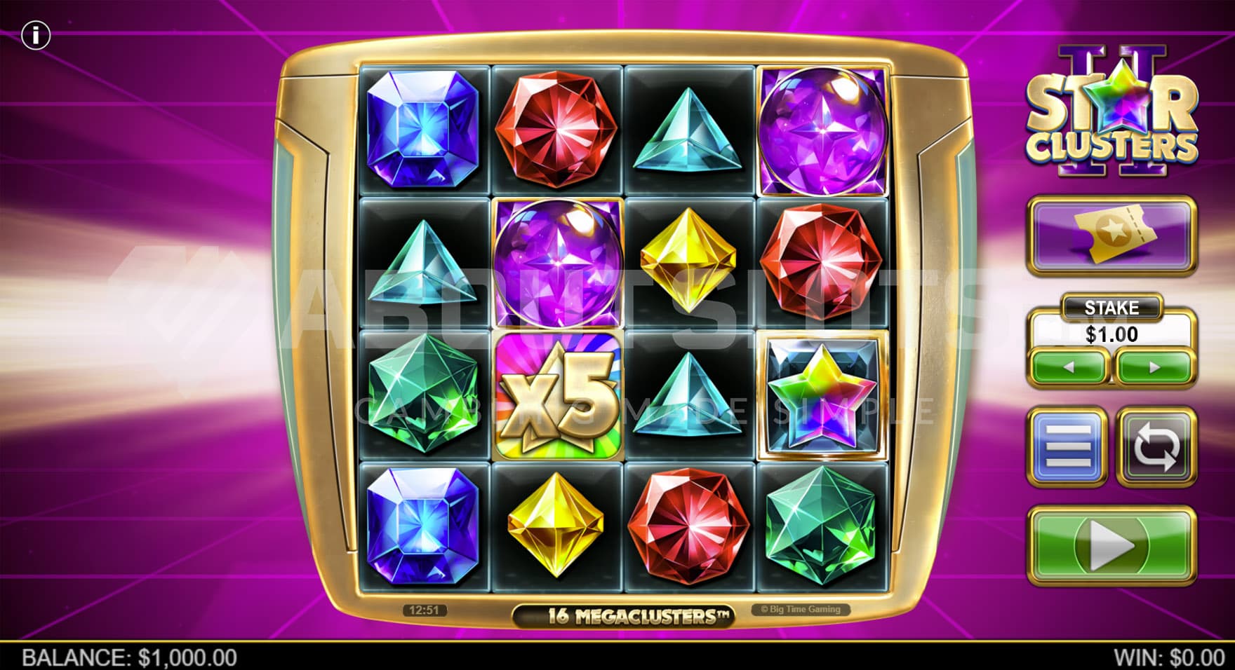 Base Game view of a 4x4 grid filled with gems on a pink electronic background.