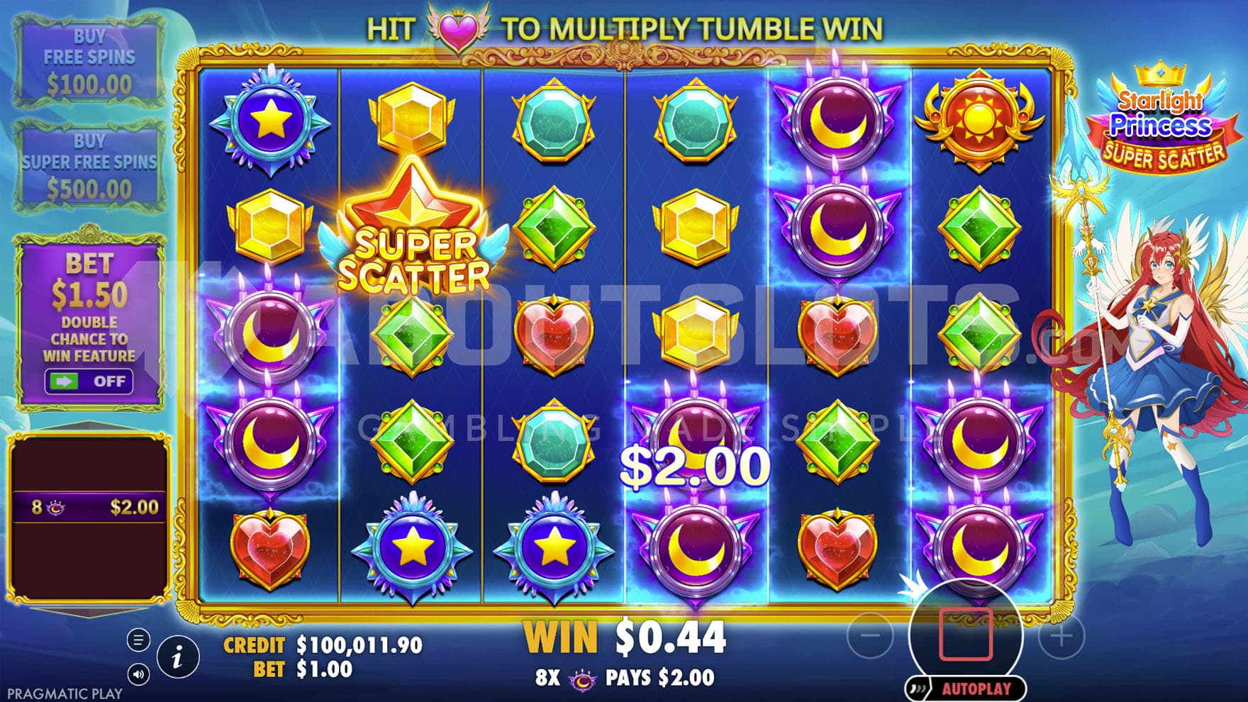 Base Game view of a 6x5 grid on a backdrop of a cloudy sky, with a manga-themed princess hovering on the right.