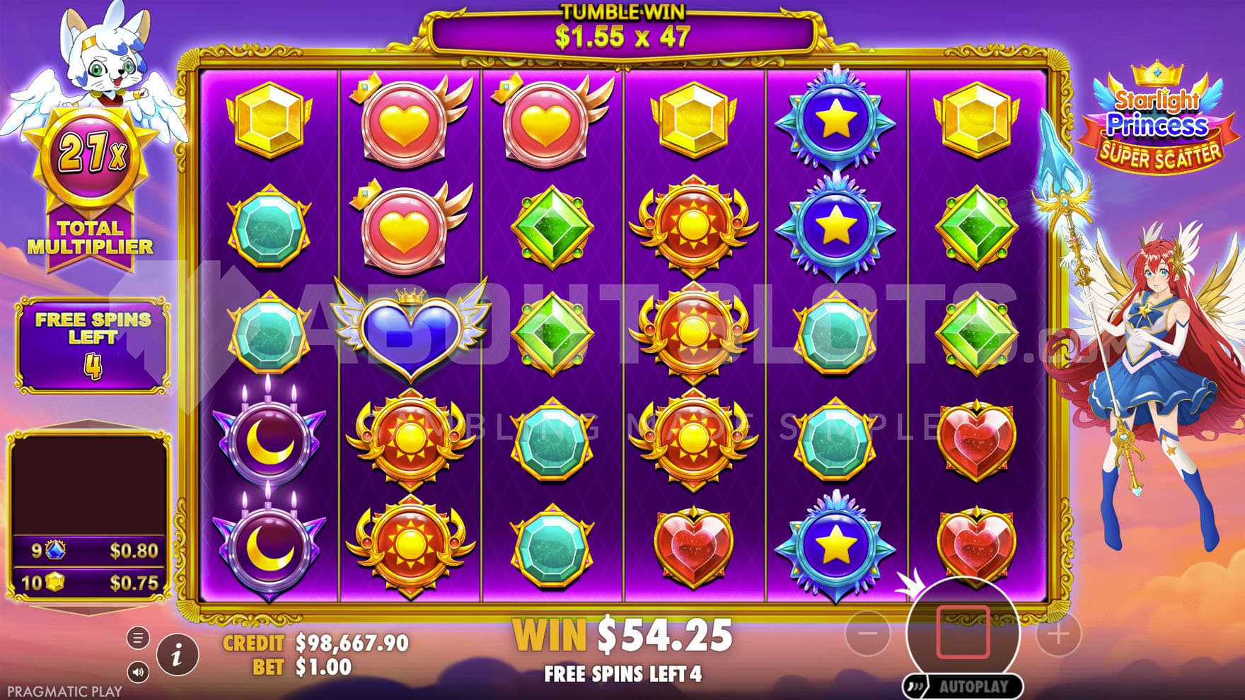 Free Spins bonus in progress, with a total multiplier increased to x27 and a tumble win being multiplied by x47.