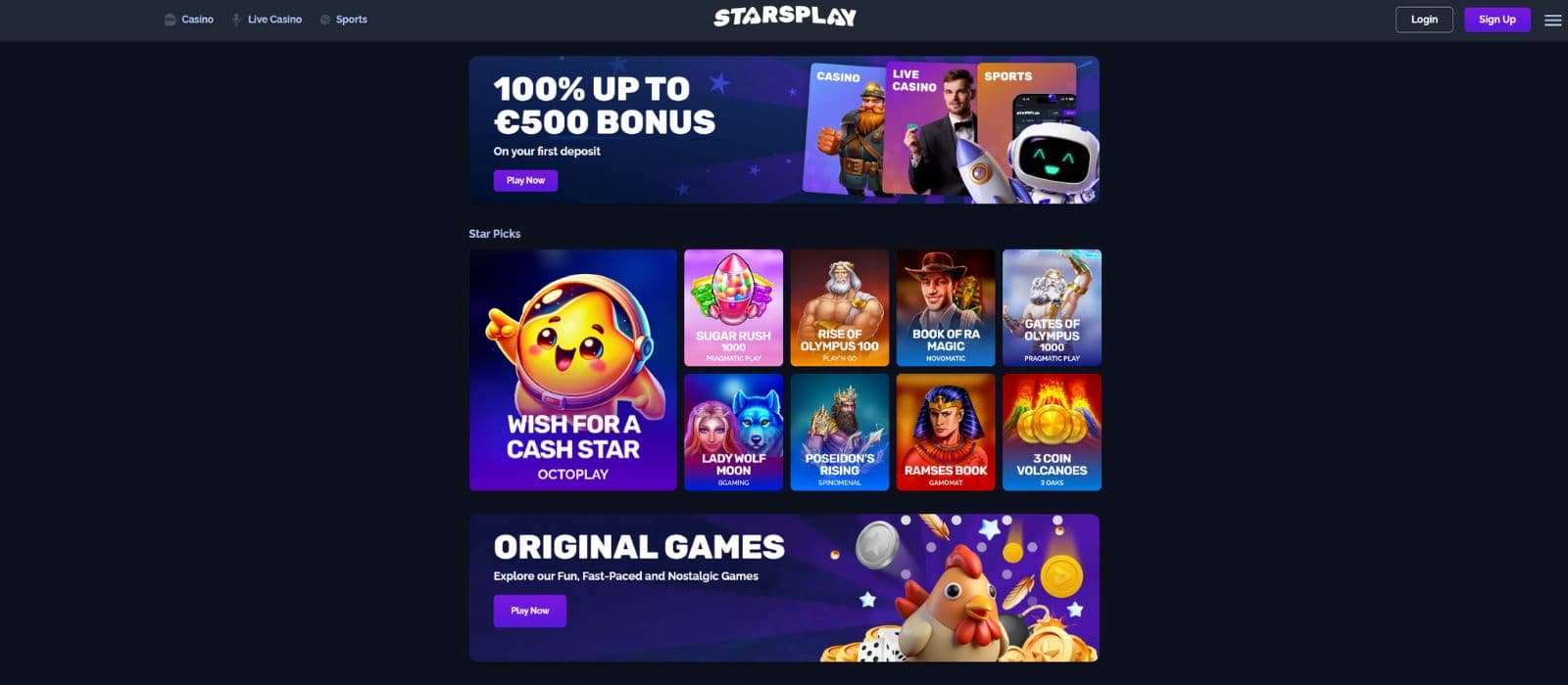Starsplay landing page showing a selection of games and the welcome bonus offer