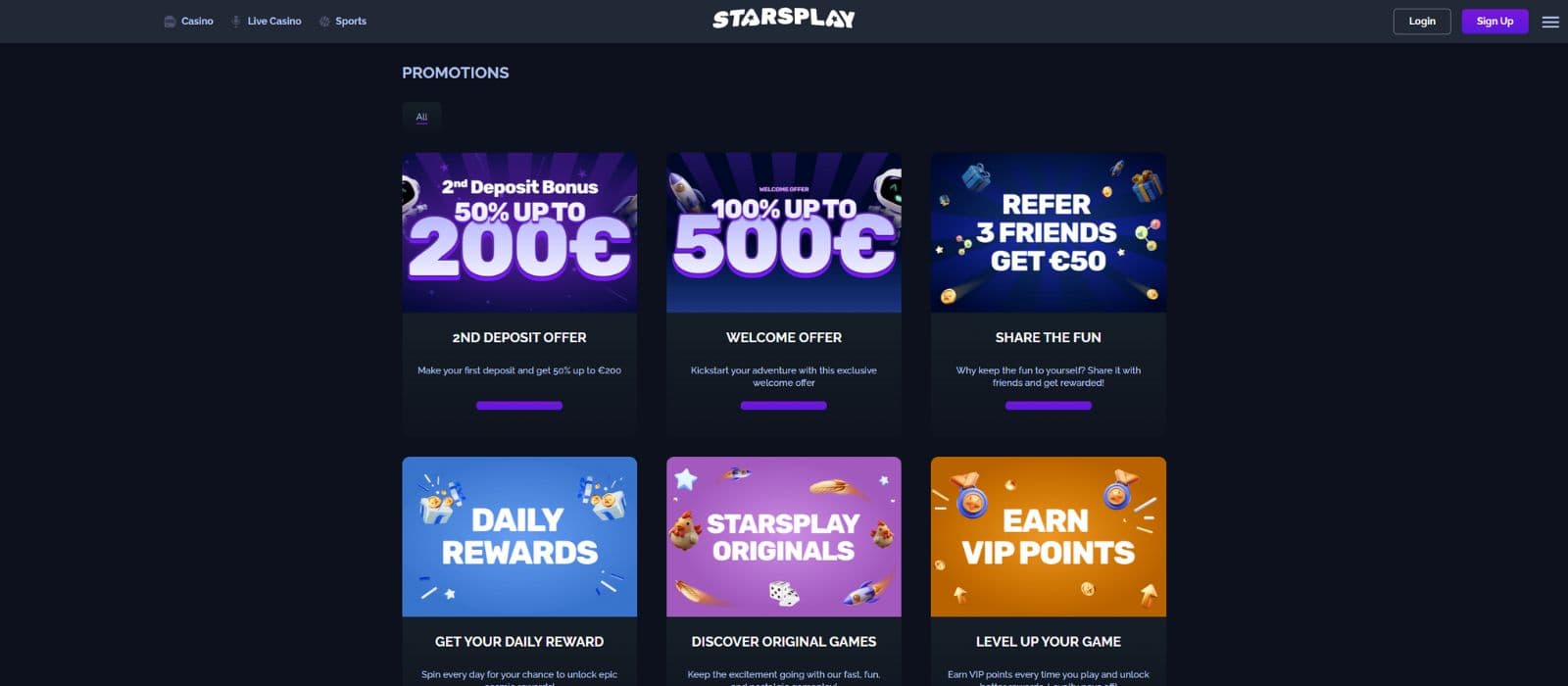 Starsplay caisno promotions page showing the available welcome bonus offers and promotions