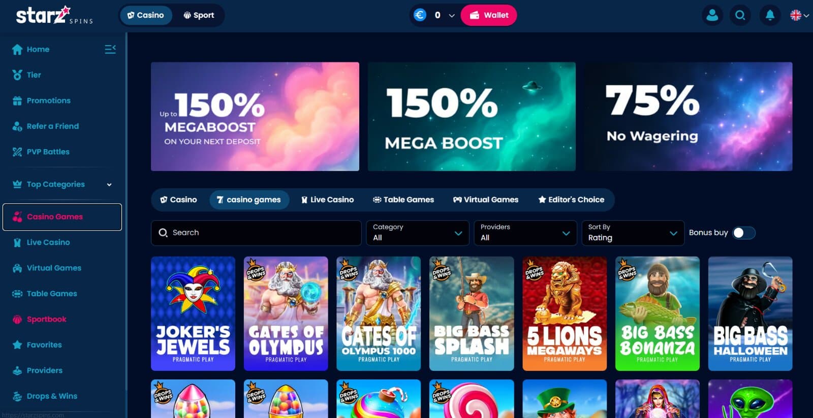 StarzSpins Casino lobby showing thousands of slot games, live casino tables and provider filters