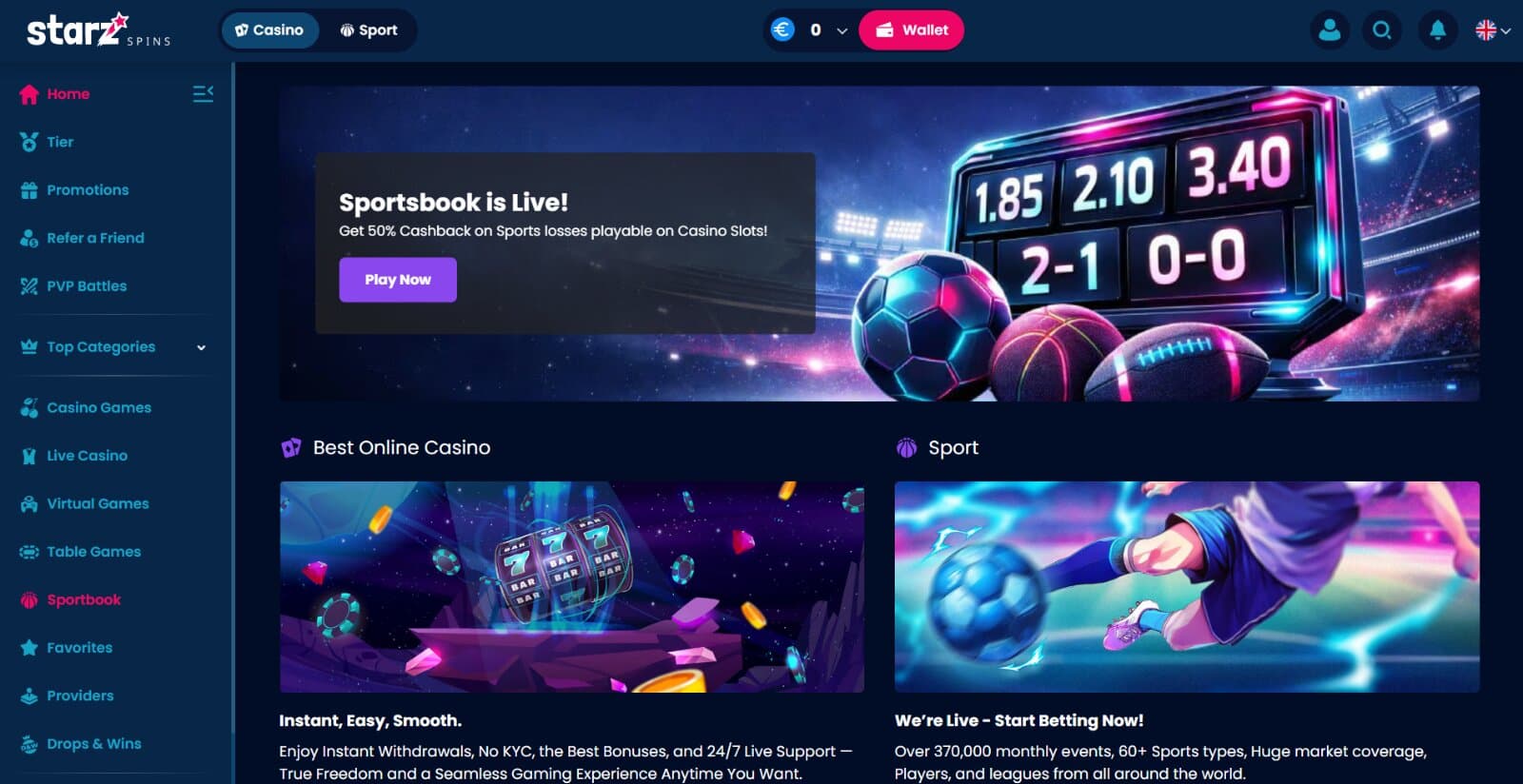 StarzSpins Casino homepage showing large bonus banner, featured games and navigation menu