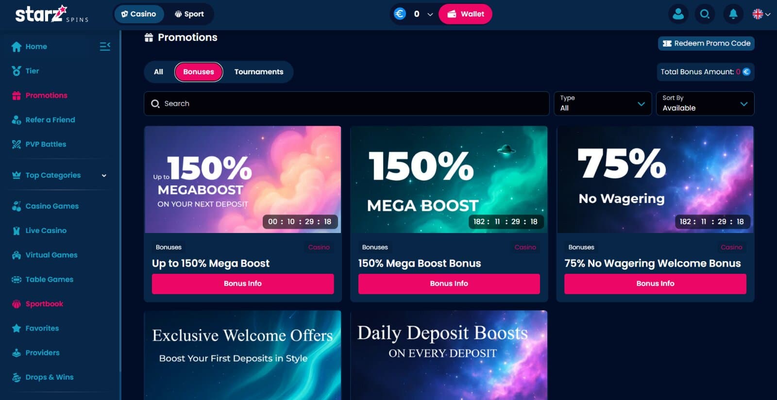 StarzSpins Casino bonus page displaying high deposit match offers and promotional details
