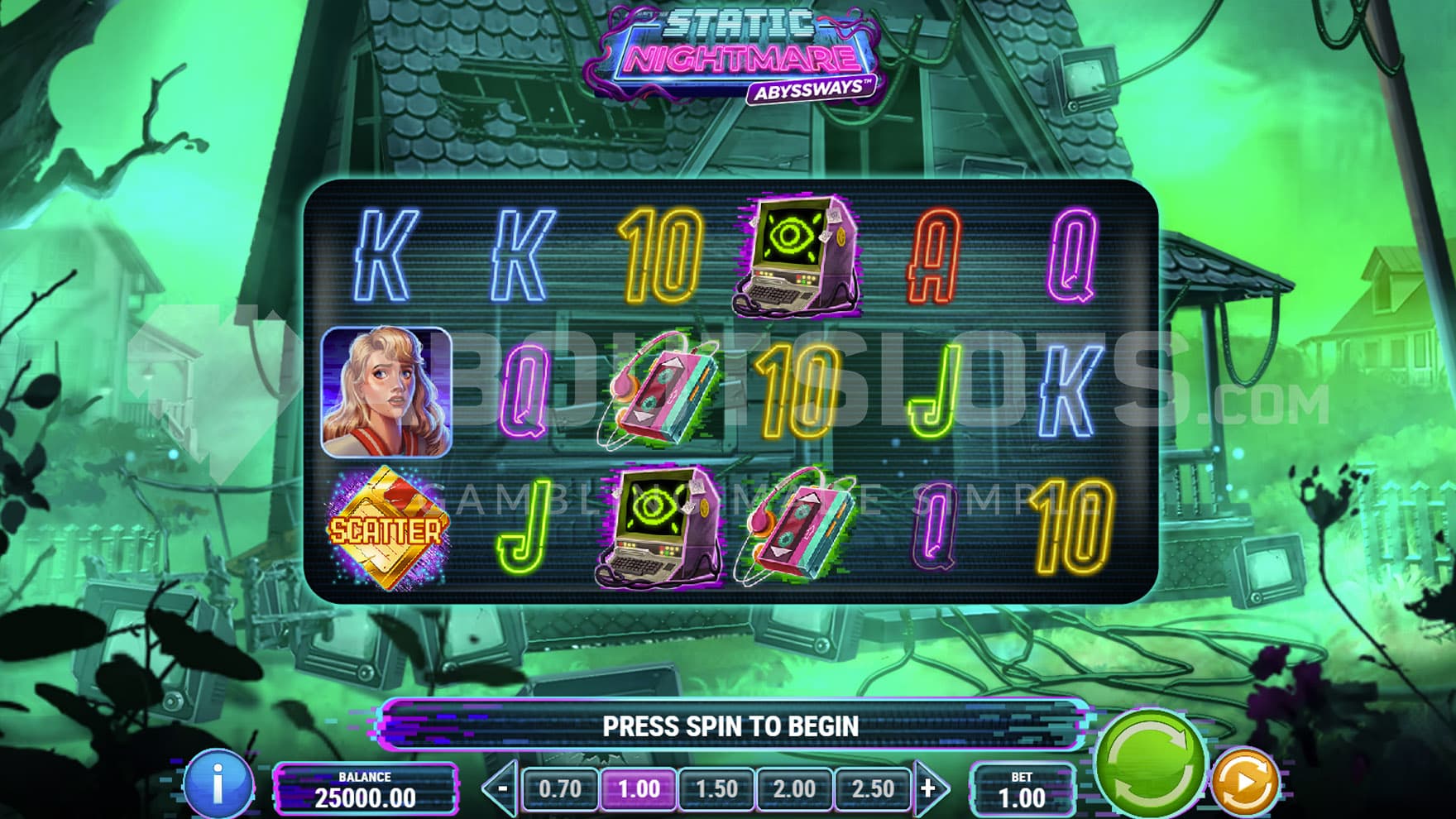 Base Game view of a 6x3 grid on a backdrop of an abandoned rural neighborhood covered with green mist.