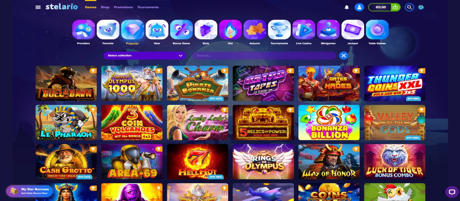 Stelario Casino's slot games category, showing classic titles, such as Duel at Dawn and other impressive games.