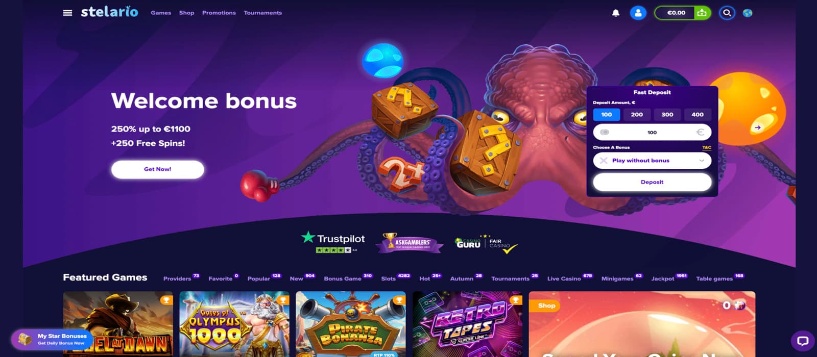 Stelario Casino's homepage, showing their welcome package and Deposit form.