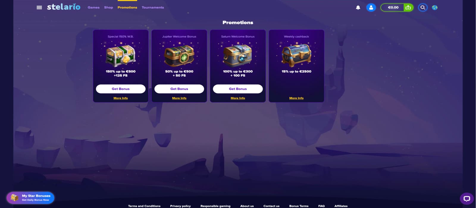 Stelario Casino's promotions, showing the three welcome bonuses and cashback.