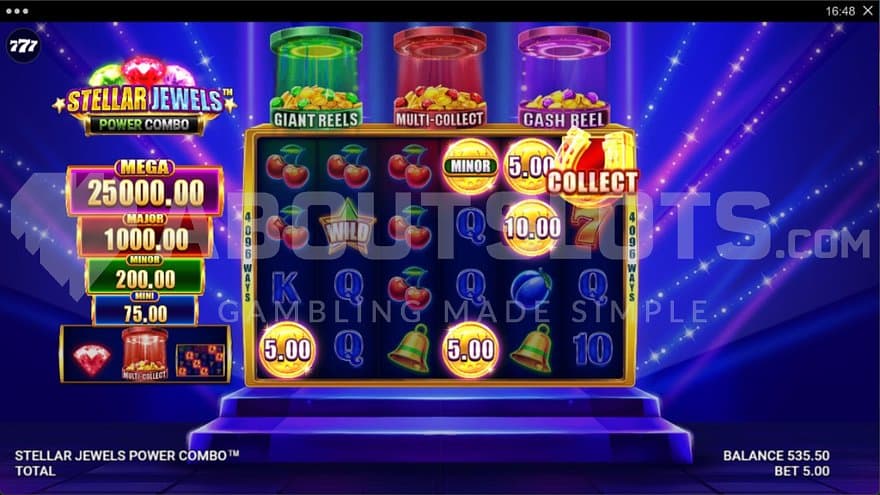 Cash symbols on reels 1, 4, and 5 are collected by the Collect Symbol.