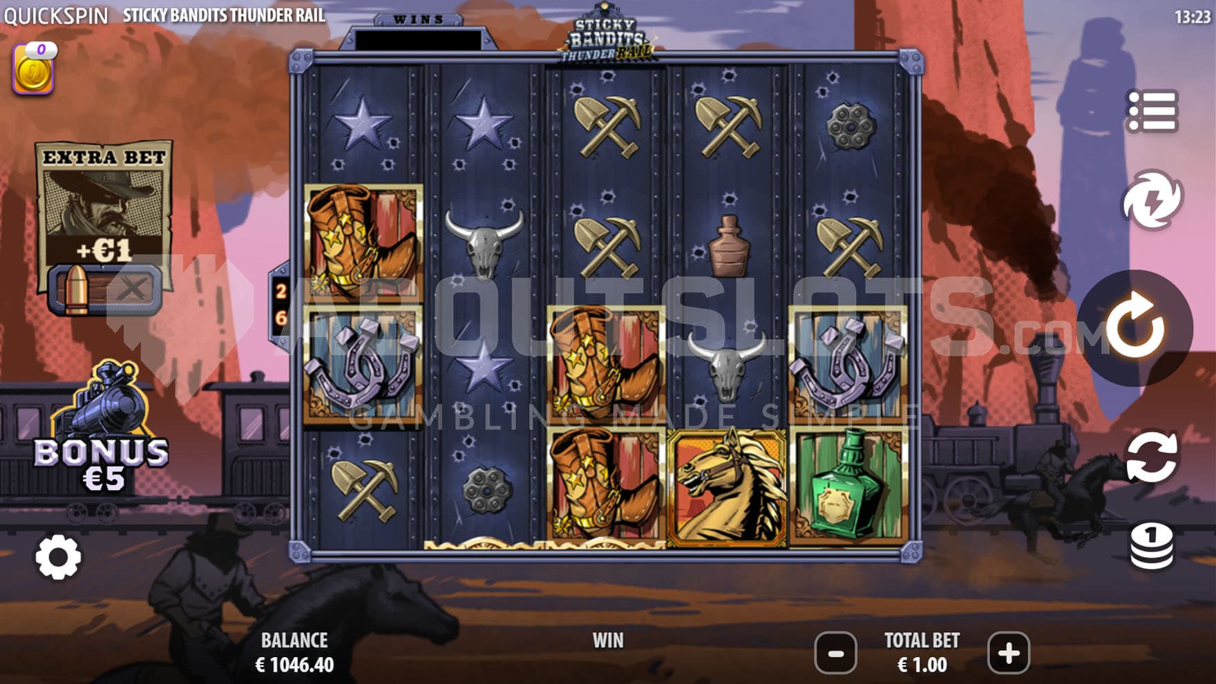 Base Game view of a 5x4 grid on a backdrop of a rocky landscape with a train riding on the tracks, chased by two horseriders.