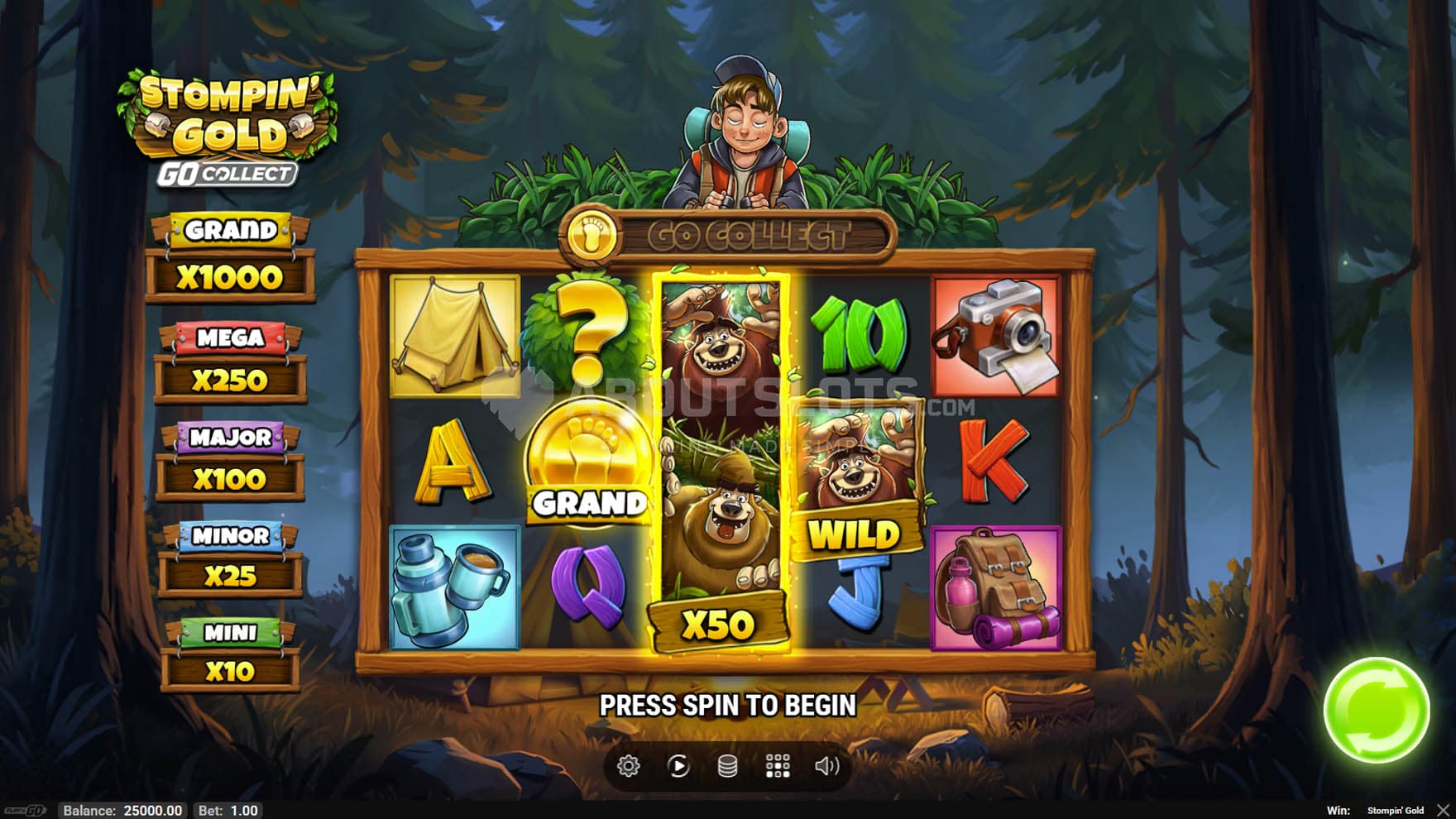 Base Game view of a 5x3 grid on a backdrop of a campsite in the middle of a dark forest.