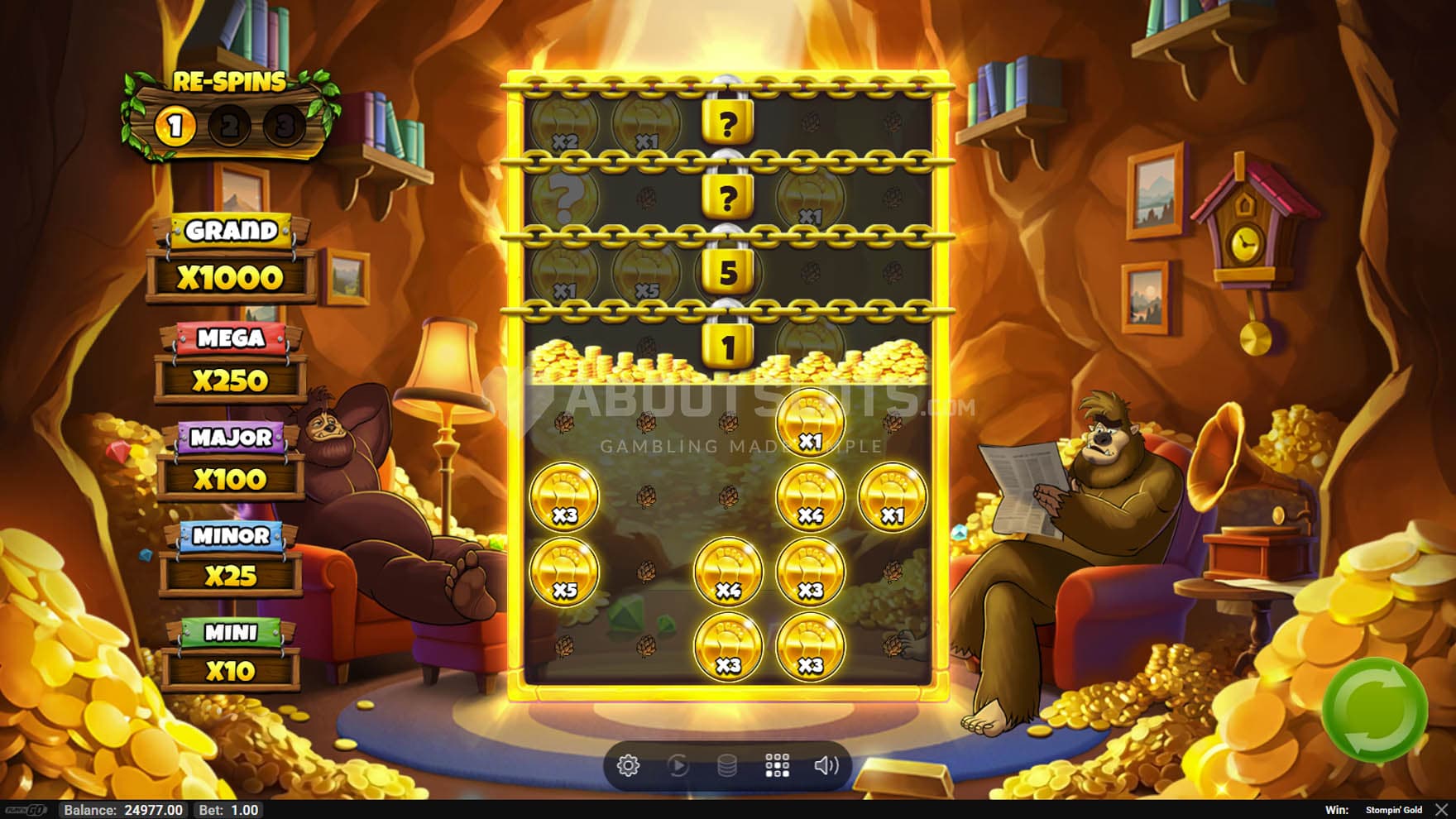 Hold'n Grow bonus in progress, showing multiple cash coins locked on the grid.