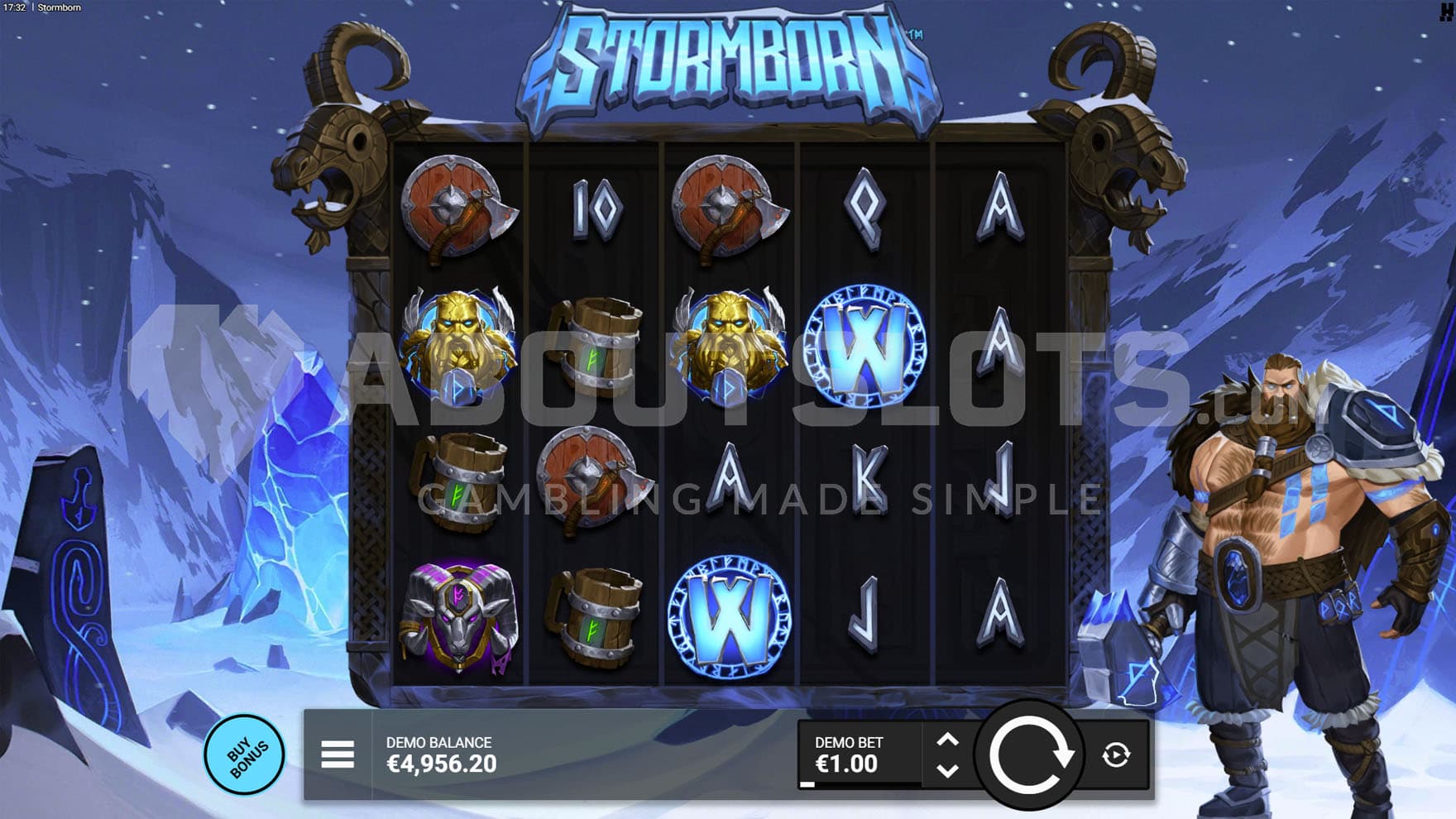 Base Game view of a 5x4 grid on a backdrop of a wintery mountainous landscape with a Viking standing on the right.