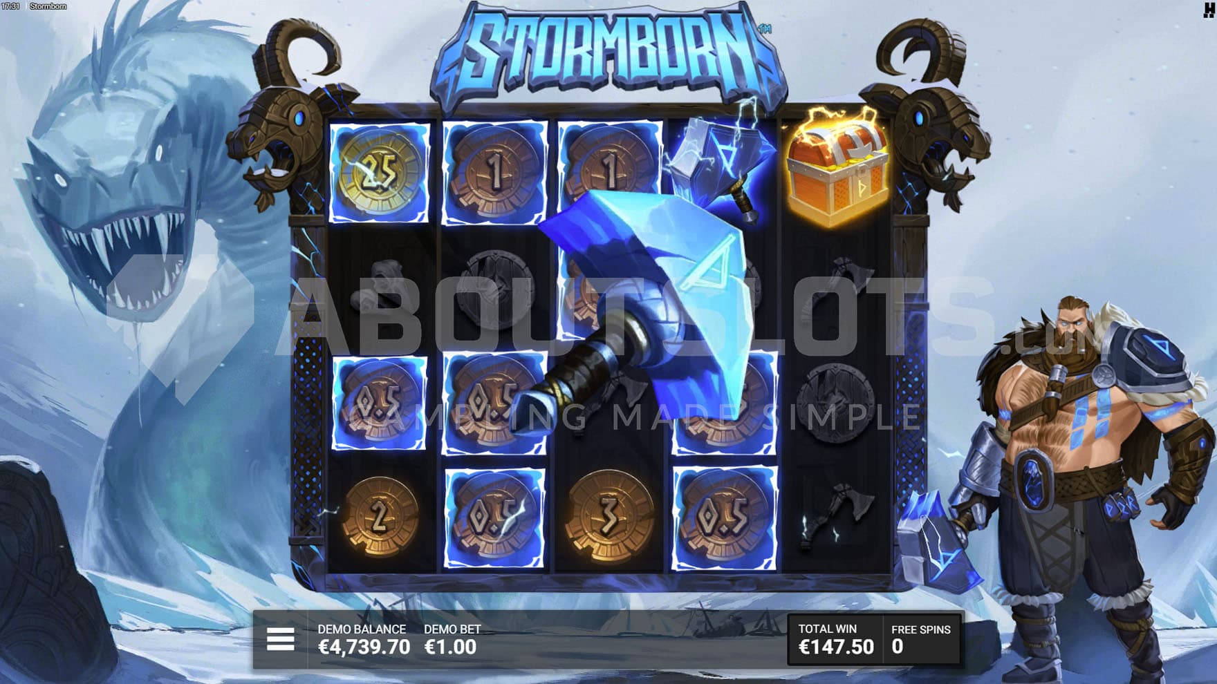 Legacy of Lightning Bonus in progress, showing multiple coins locked on the grid and the Mjolnir symbol activated.