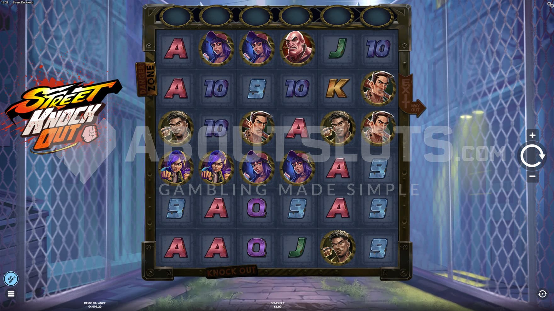 Base Game view of a 6x6 grid on a backdrop of a dark alley flanked by chainlink fence.