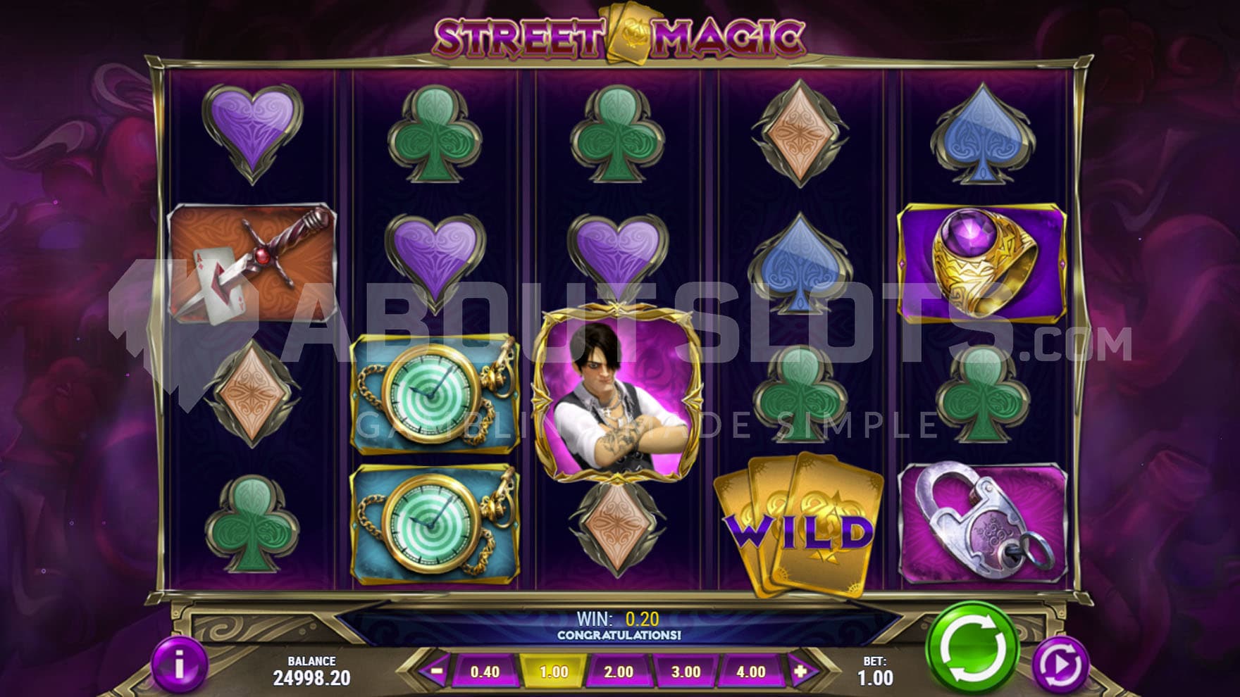 Base Game view of a 5x4 grid on an ambient purple background.