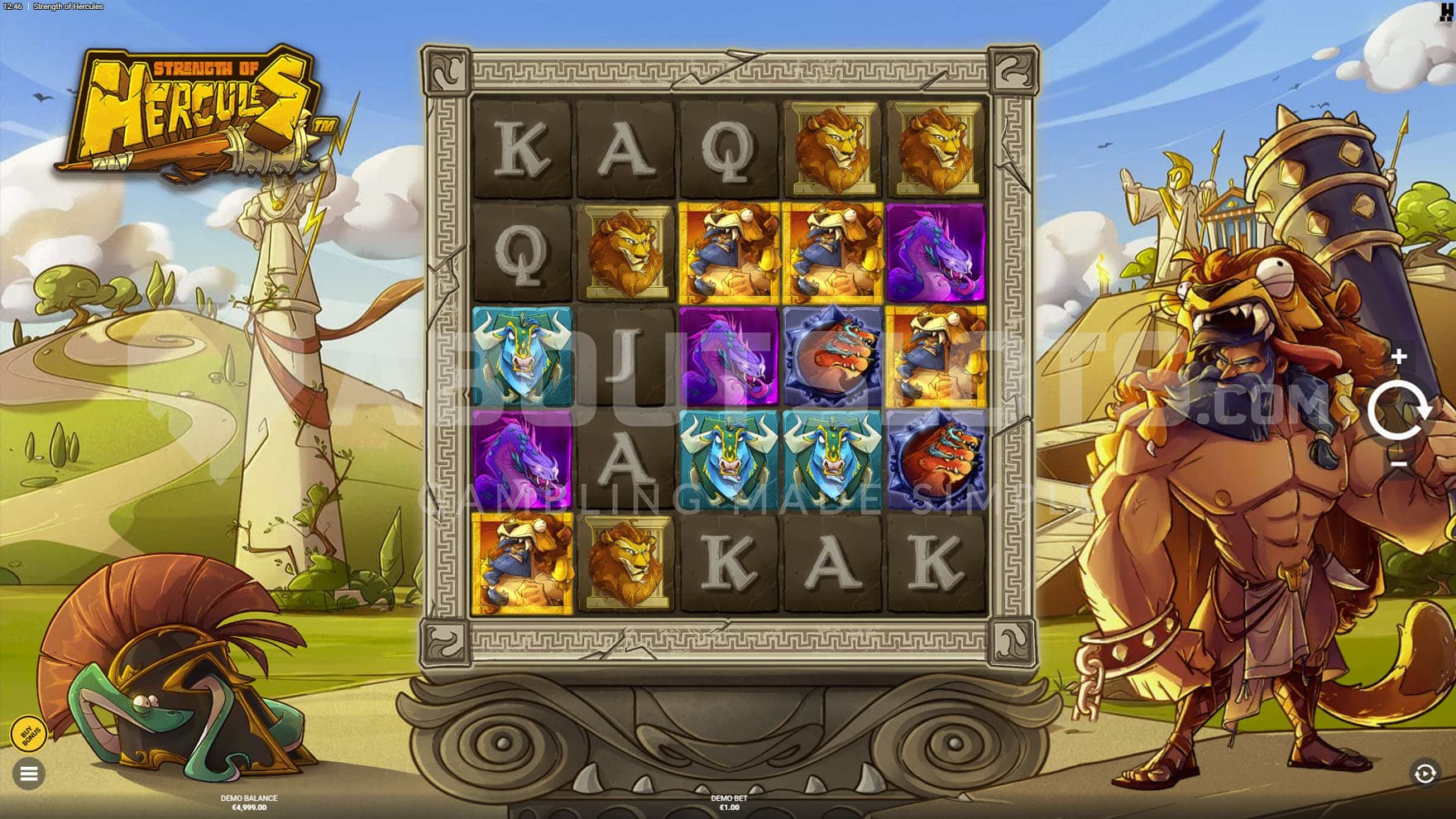 Base Game view of a 5x5 grid on a backdrop of green hills with Hercules standing on the right holding his giant club.