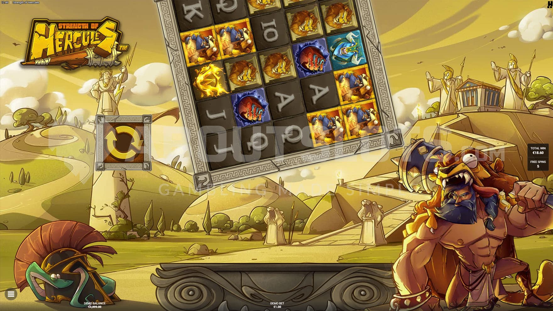 Labors Bonus in progress, showing a RotoGrid feature triggered, flipping the playing area by 90 degrees.