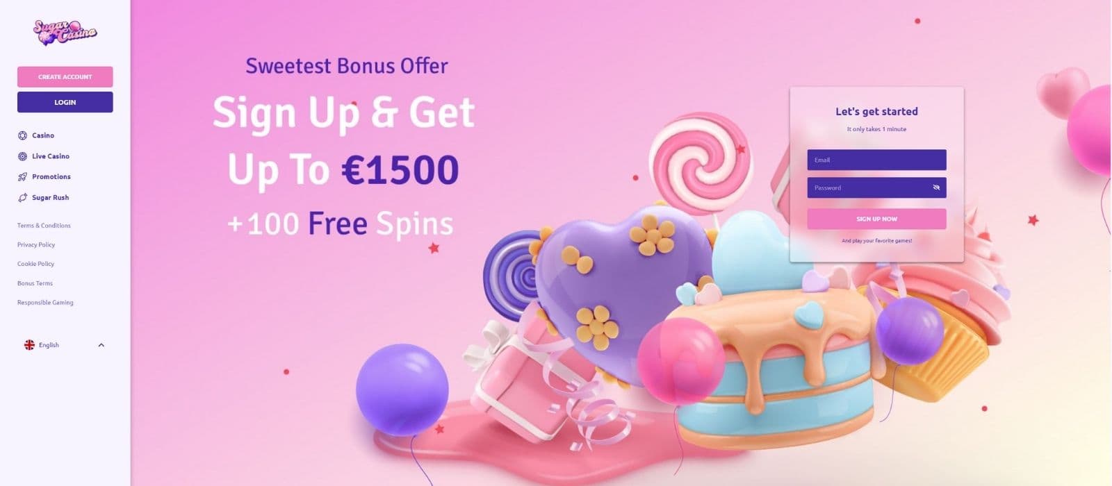 Sugar Casino landing page with the registration form, the welcome bonus offer and the main menu to the left.