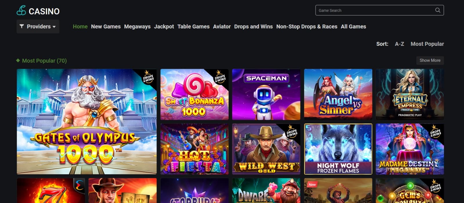 SultanBet Casino games page with most popular titles, categories tabs and search function