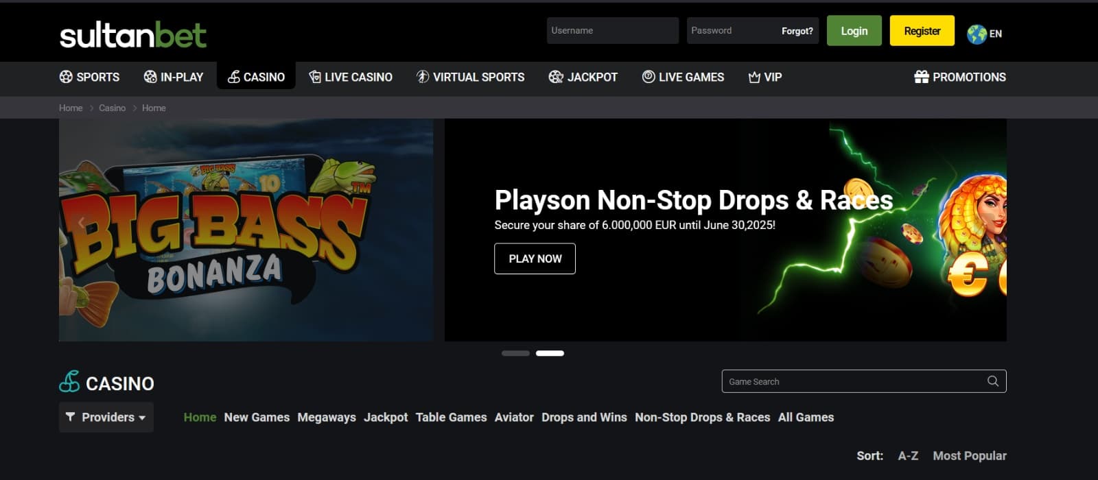 SultanBet Casino  landing page with Big Bass Bonanza and Playson tournament