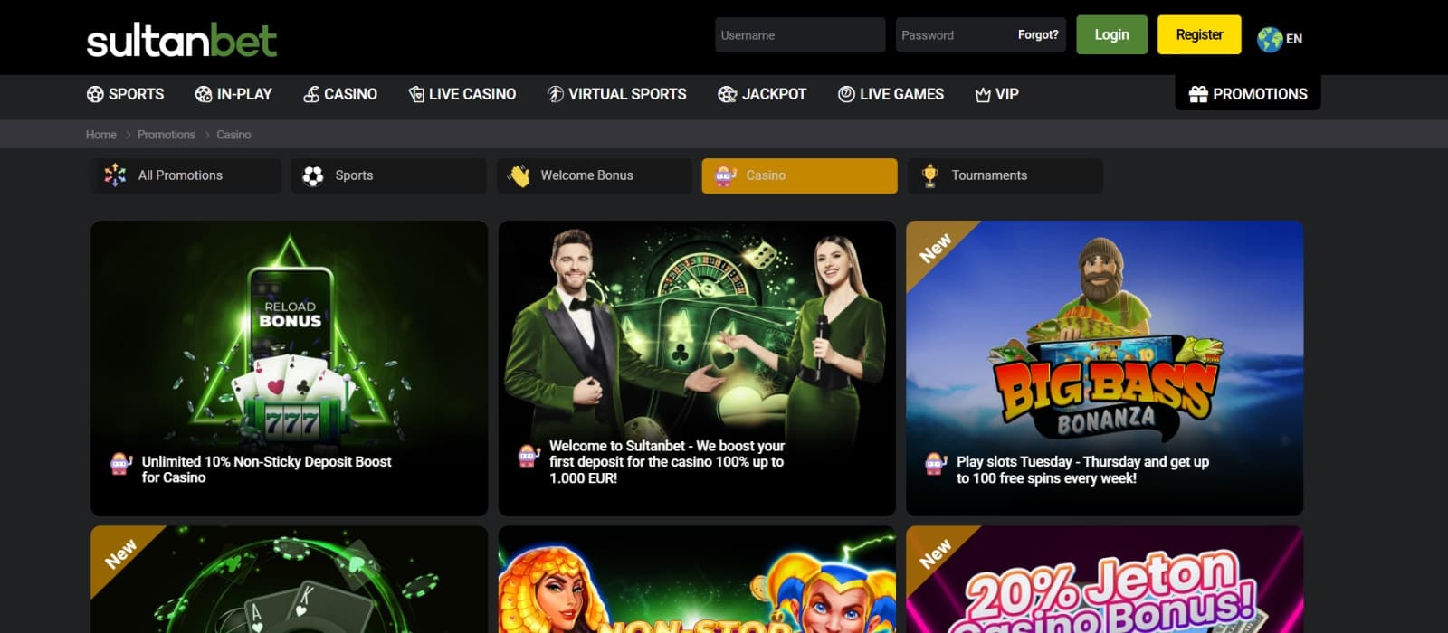 SultanBet Casino promotions page with 10% no sticky deposit bonus and welcome bonus