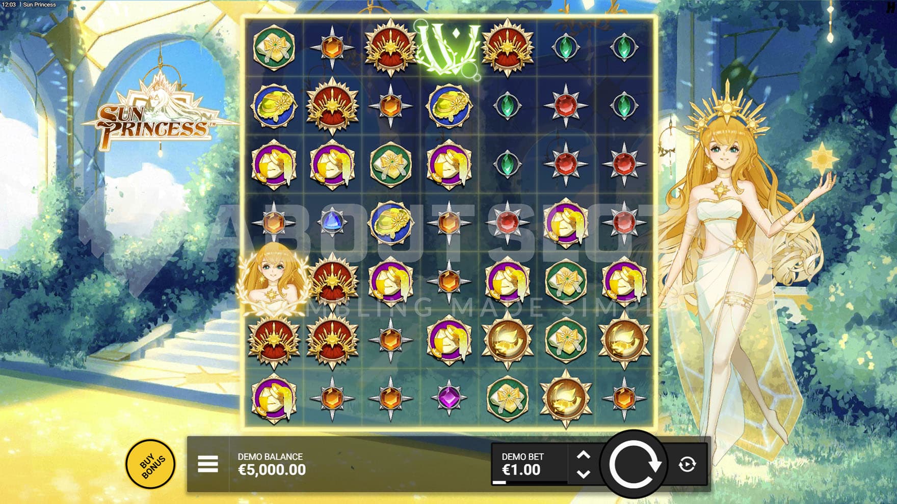 Base Game view of a 7x7 grid on a backdrop of a courtyard with the Sun Princess standing on the right.