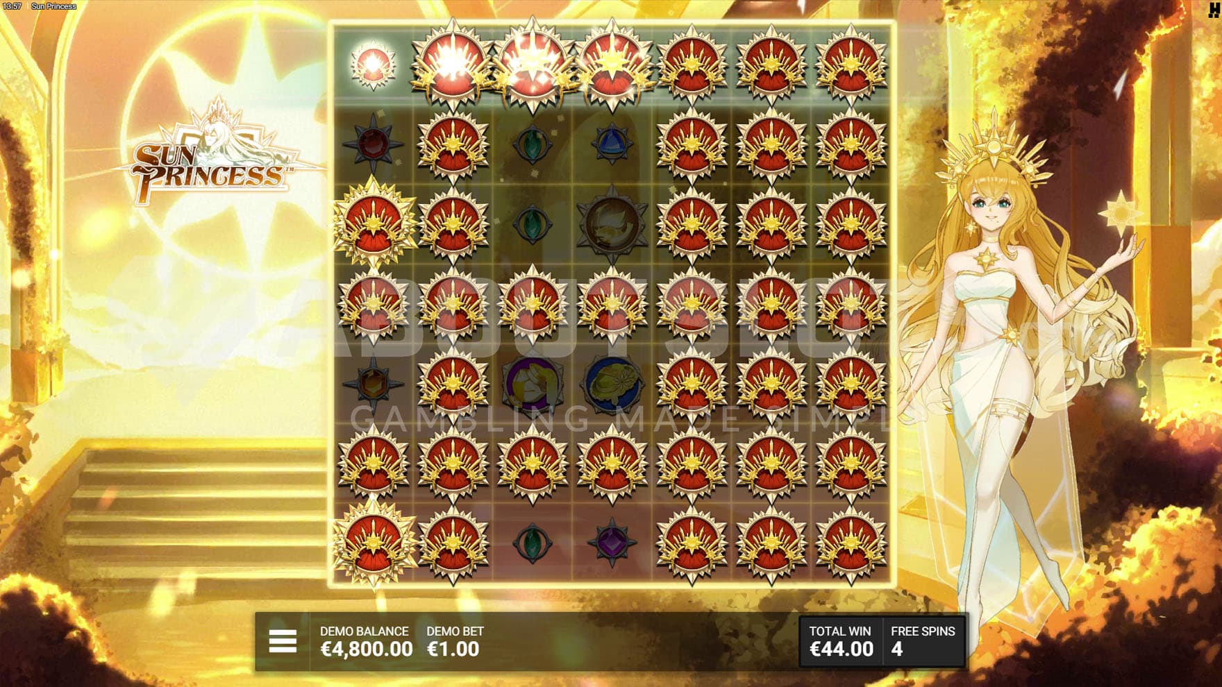 Sunfire Palace Bonus in progress, showing multiple positions on the grid converted into matching symbols.