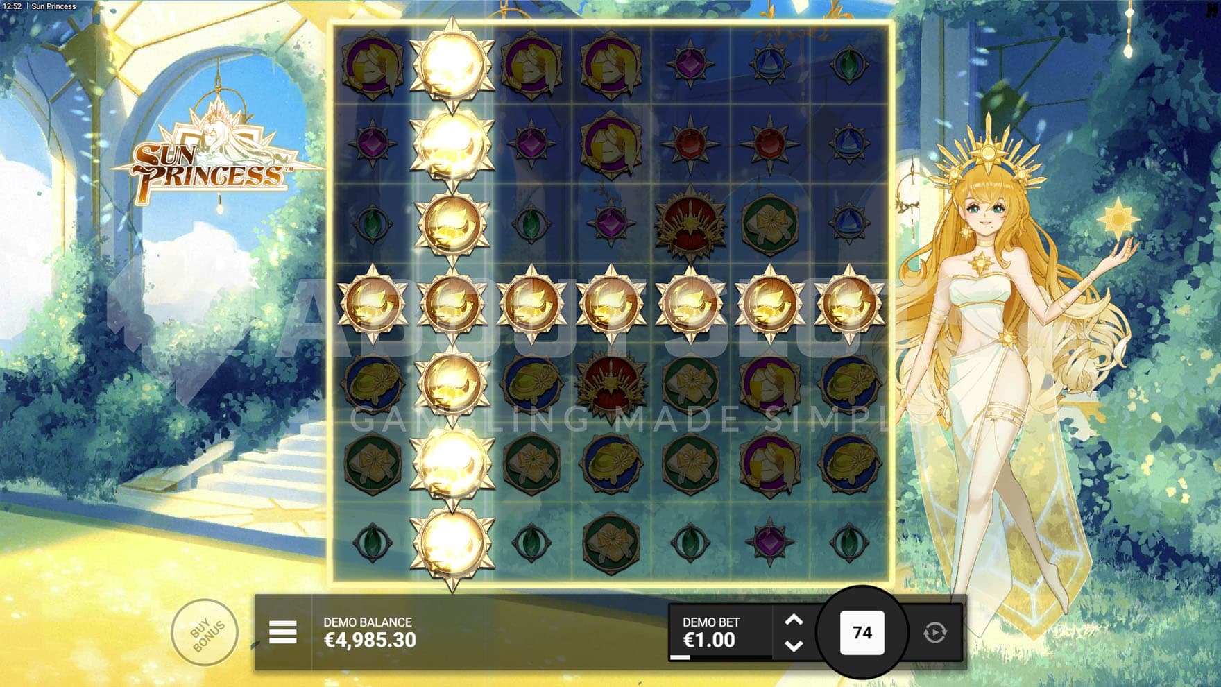 Sun Ray Frames feature triggered in the base game, converting positions into matching symbols in a straight line.