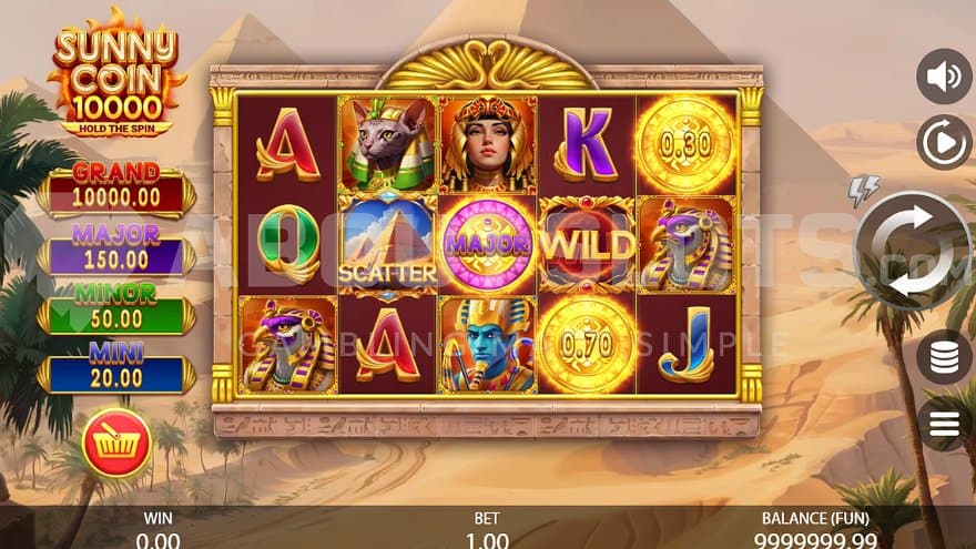 A casino slot in front of Egyptian pyramids.