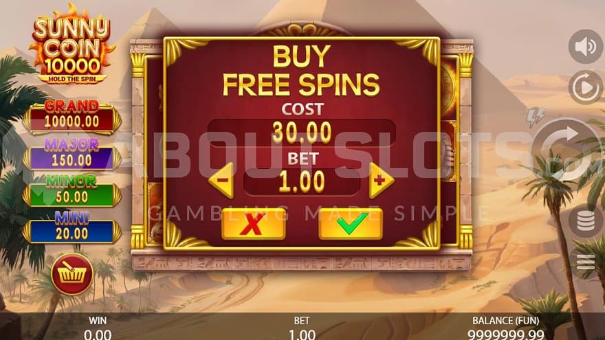 A screen offering the Free Spins feature for 30x the bet.
