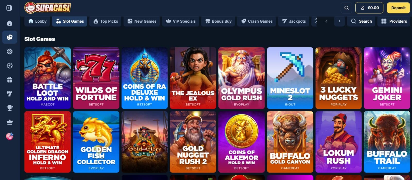 SupaCasi games page featuring the slot titles and their icons under main category tabs and side navigational menu