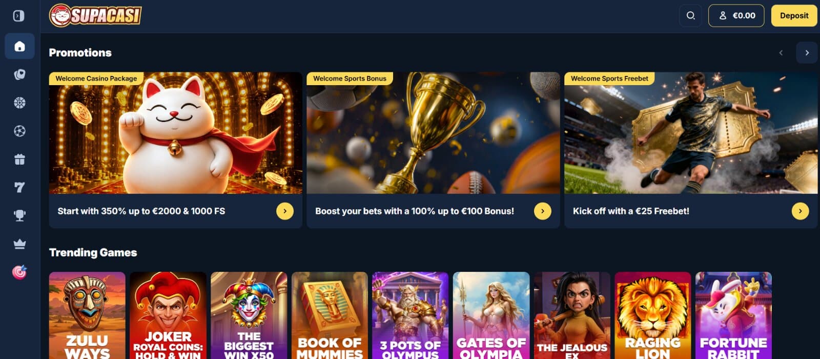 SupaCasi landing page featuring casino and sports promotional banners above trending games feature which displays slot game icons