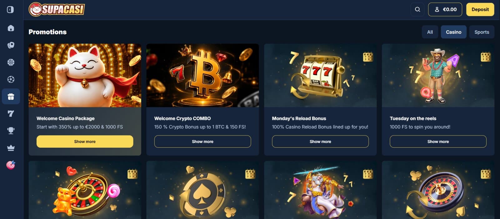 SupaCasi Promotions page featuring the welcome package, daily reload bonuses, and crypto bonus