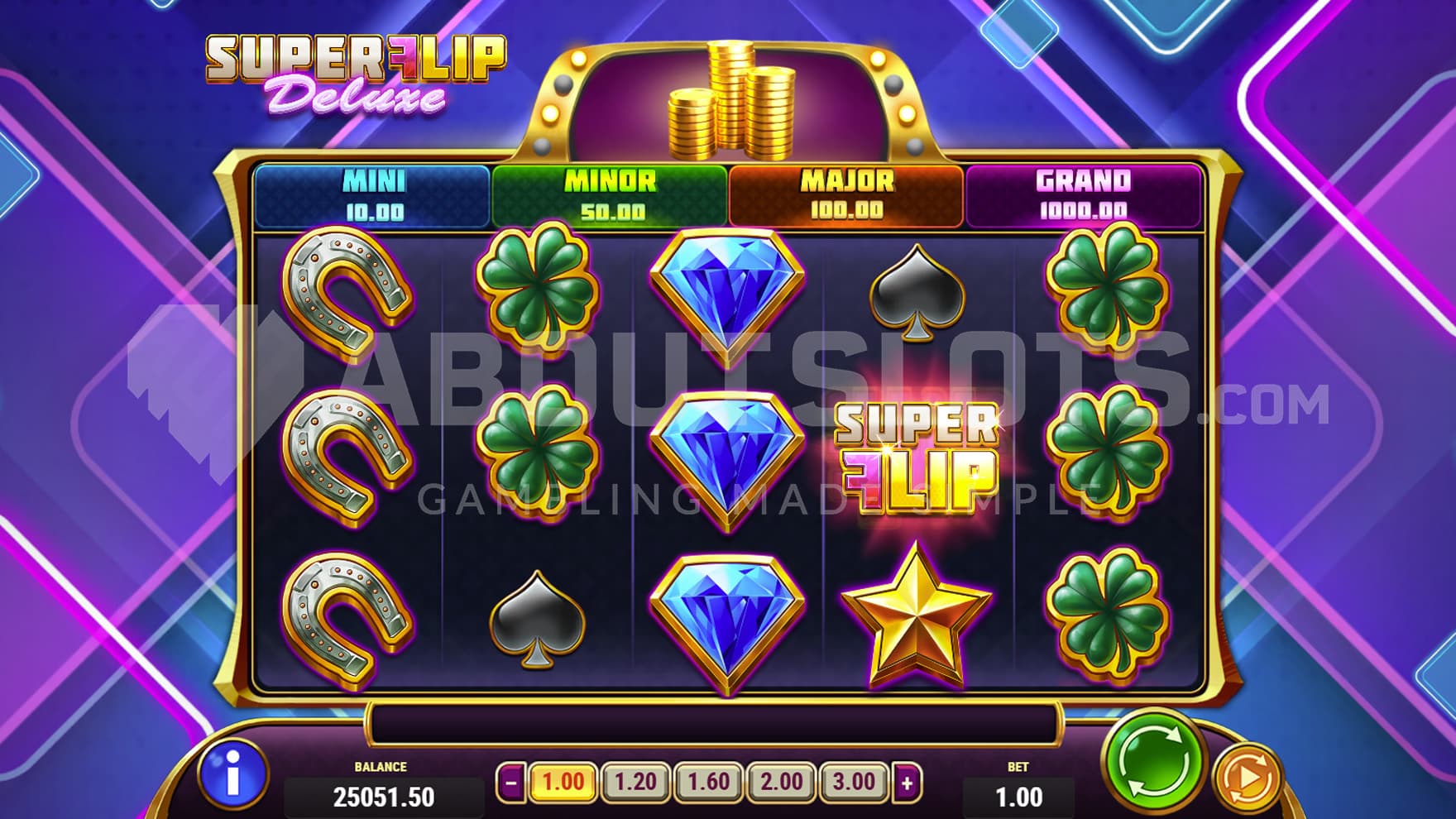 Base Game view of a 5x3 grid on a backdrop of a purple pattern.